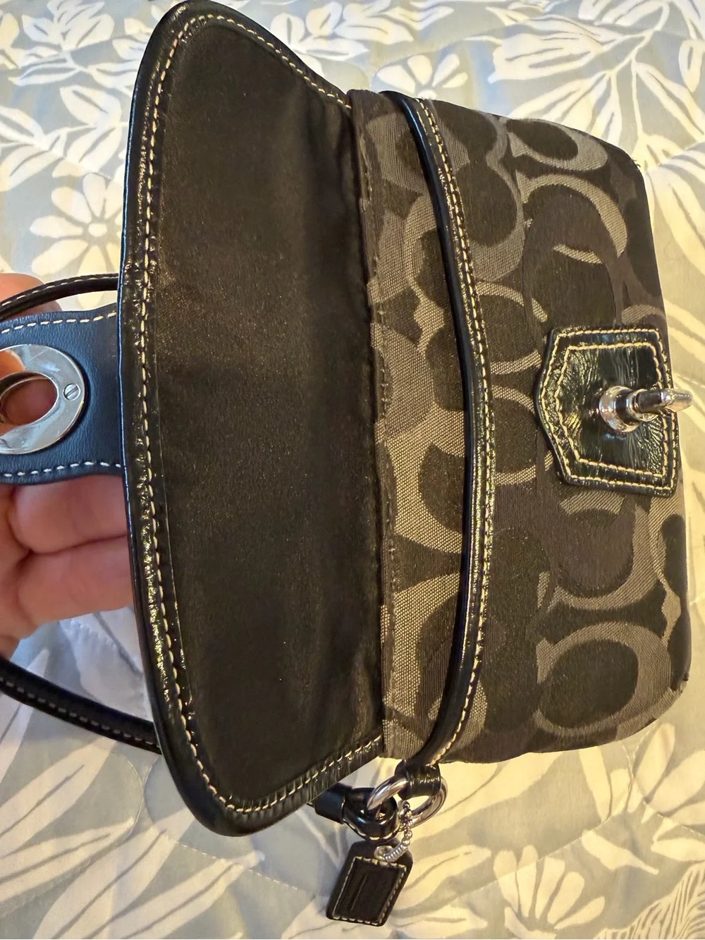 Coach Black Signature Turnlock Wristlet with Leather Trim
